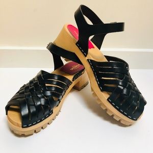 Swedish Hasbeens braided leather & wooden platform